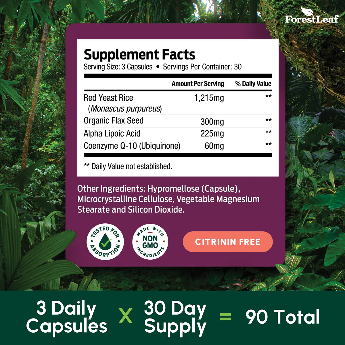 Red Yeast Rice 1215 mg CoQ10 Alpha Lipoic Acid Flaxseed 90 Capsules R942220
