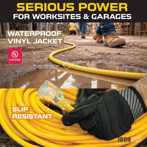 100 Foot Outdoor Extension Cord 12/3 SJTW Heavy Duty Yellow 3 Prong 15 AMP V286