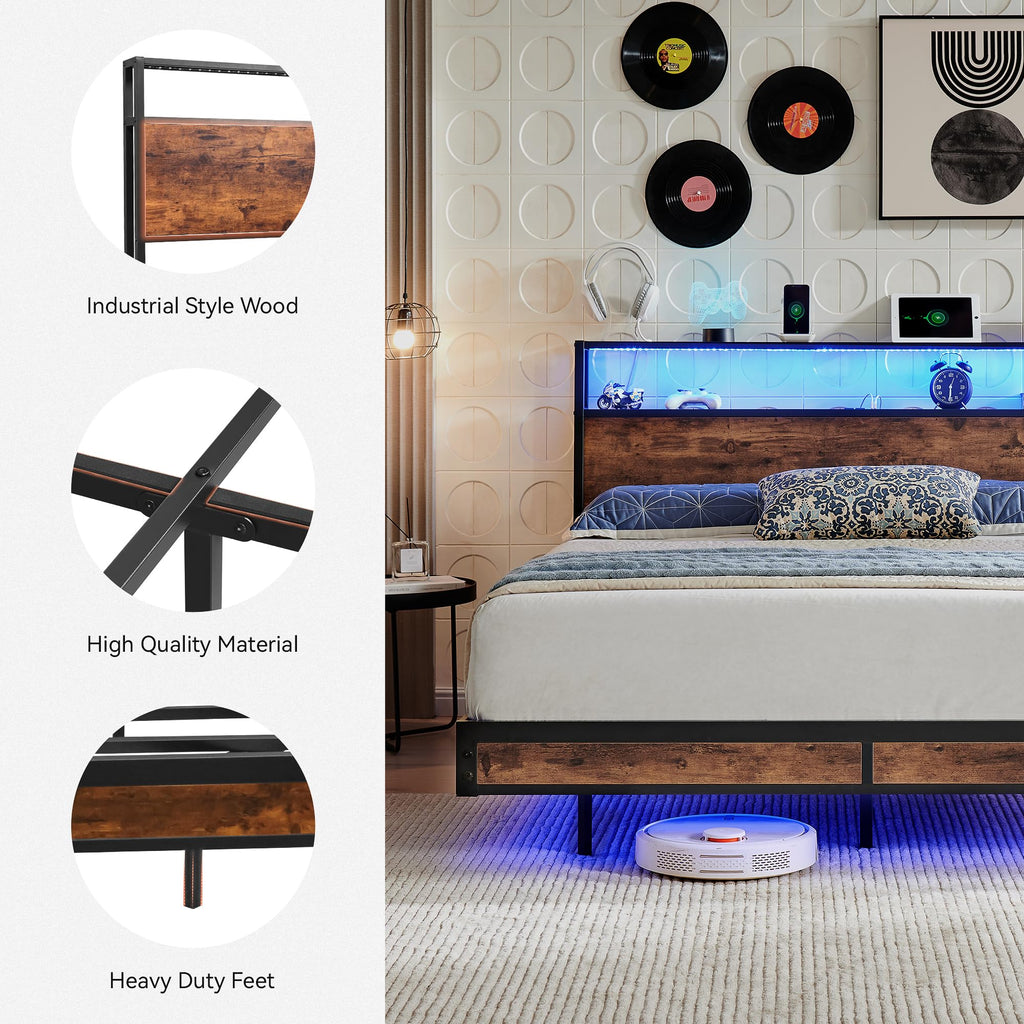 Queen Size Metal Platform Bed Frame with Storage Headboard and LED Lights W28145