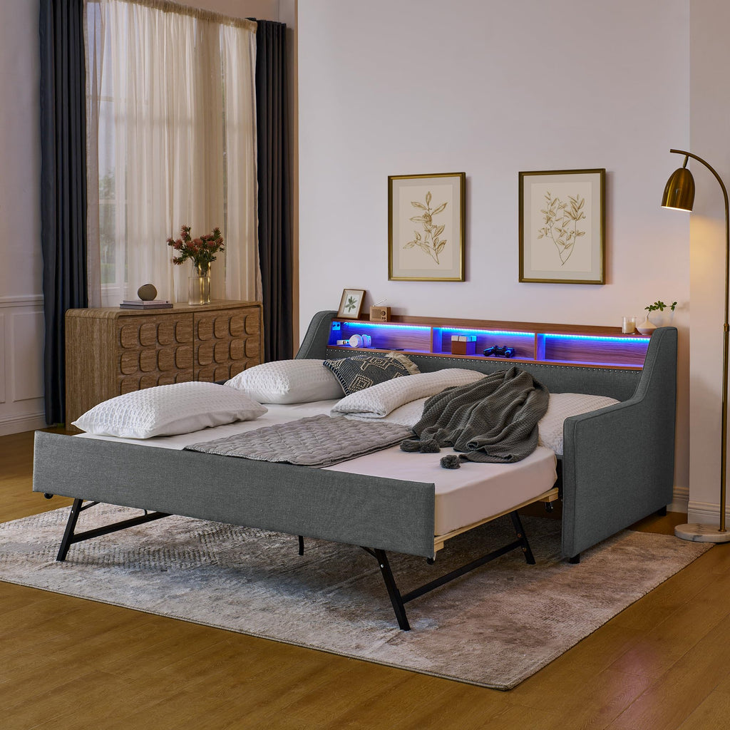Twin Linen Upholstered Daybed with Pop Up Trundle B45966