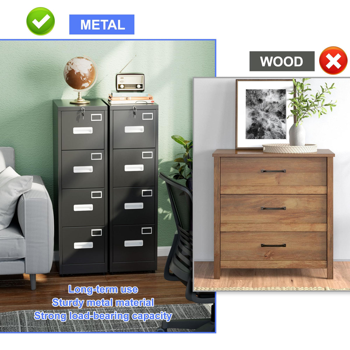 Black 4-Drawer Metal File Cabinet with Lock X418