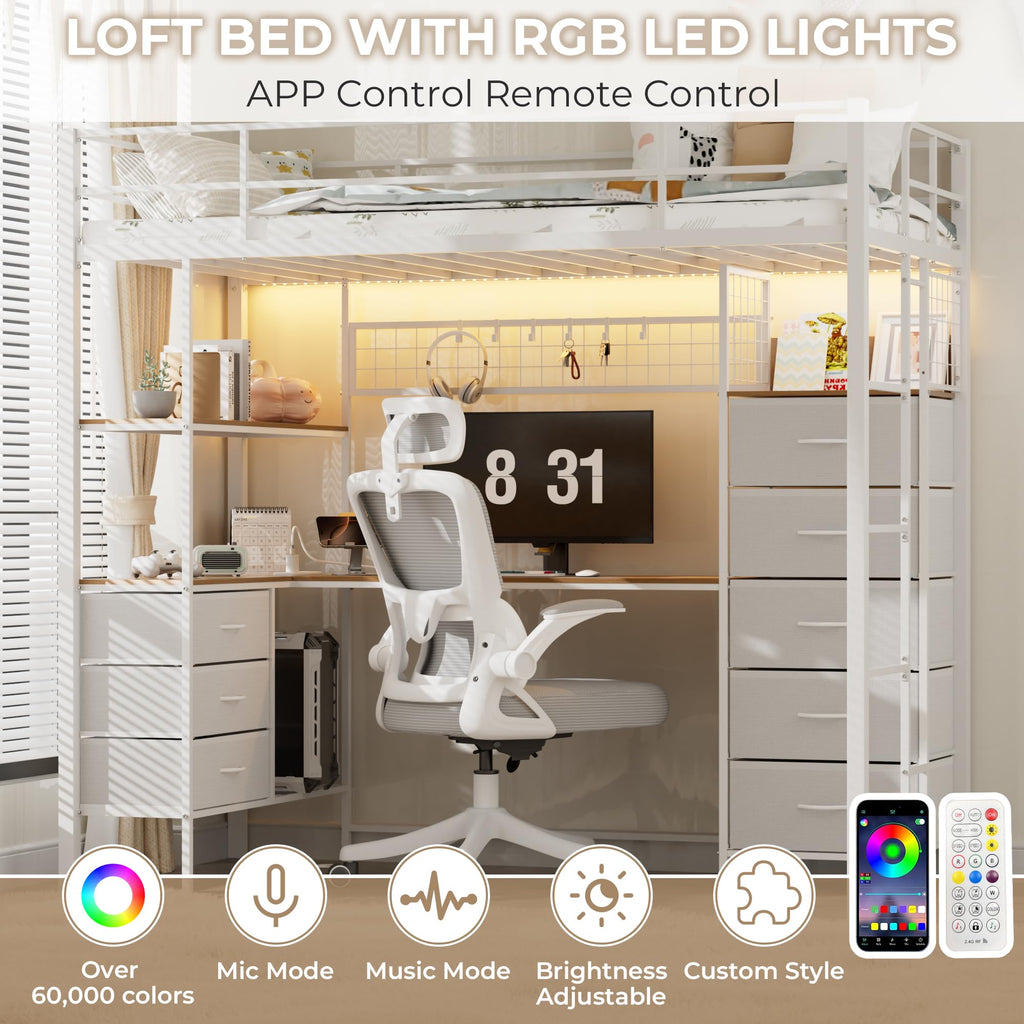 White Twin Size Metal Loft Bed with L-Shaped Desk and 8 Storage Drawers K989476