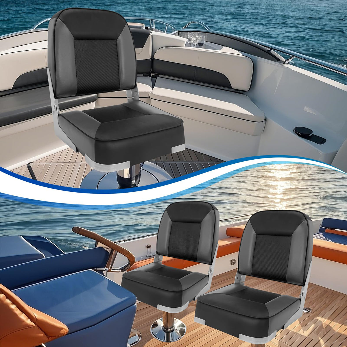 2 Pack Folding Low Back Boat Seats Black/Gray D263