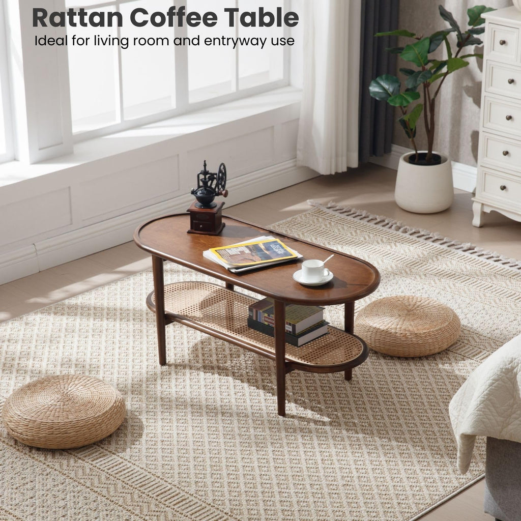 Oval 2-Tier Coffee Table with Rattan Storage Shelf V164150