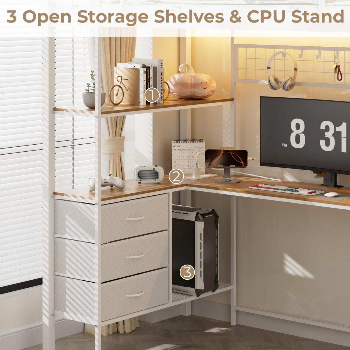 White Twin Size Metal Loft Bed with L-Shaped Desk and 8 Storage Drawers K989476