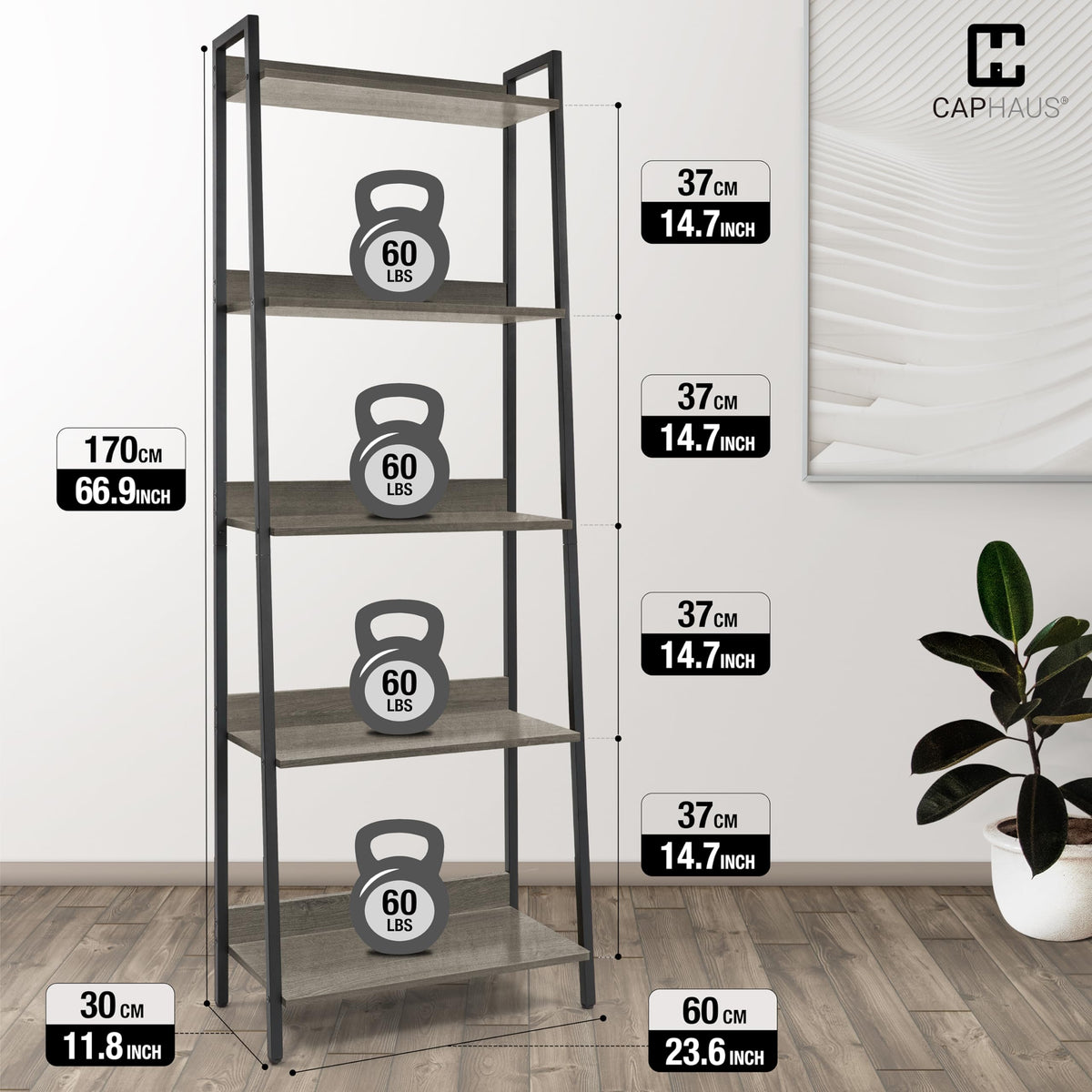 5 Tier Ladder Bookshelf, 24 Inch Free Standing Storage Rack, Dark Grey X3204