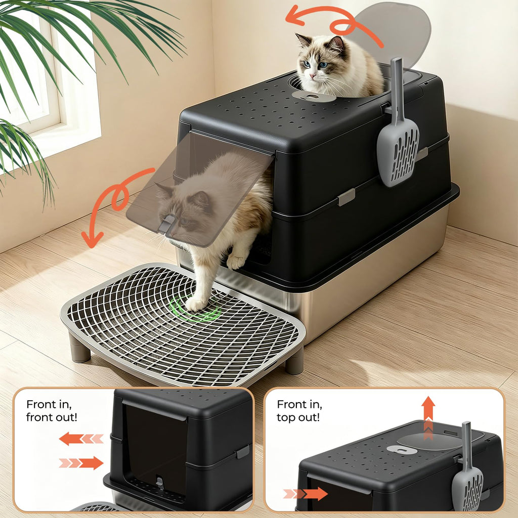 Extra Large Stainless Steel Enclosed Cat Litter Box with Lid and Scoop N43764