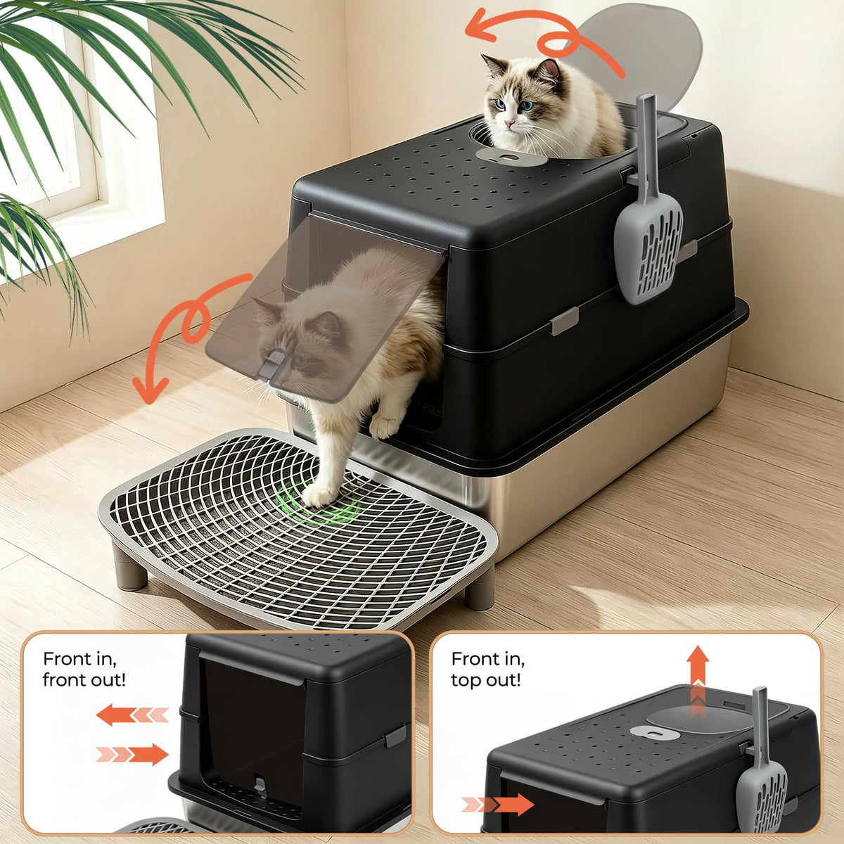 Extra Large Stainless Steel Enclosed Cat Litter Box with Lid and Scoop N43764