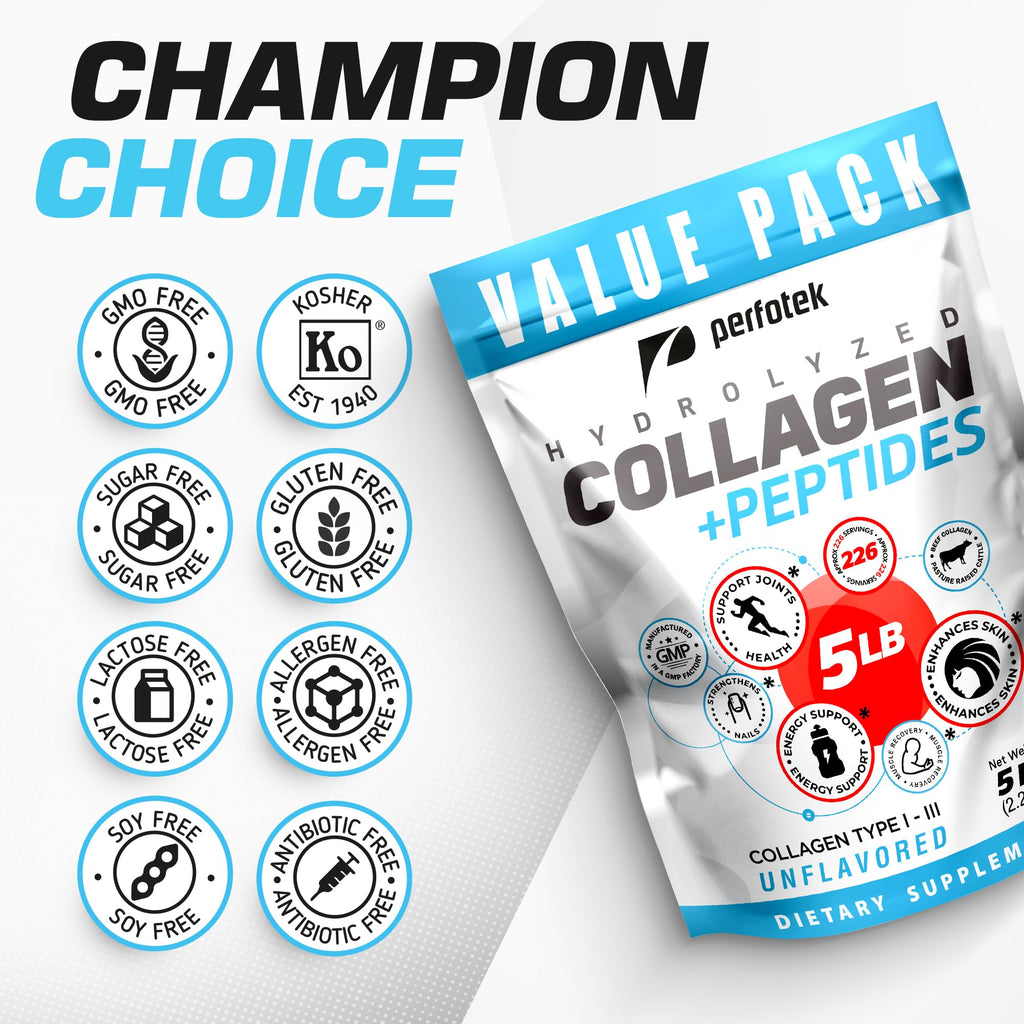Collagen Powder 5Lb Types I & III Unflavored Hydrolyzed Protein Peptides A408345