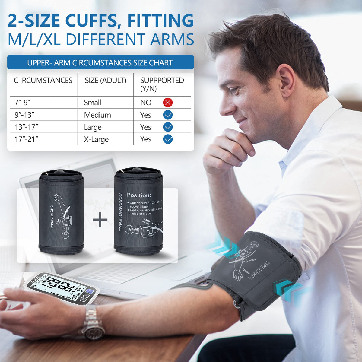 Upper Arm Blood Pressure Machine with 2 Size Cuffs and Backlit LCD M2994