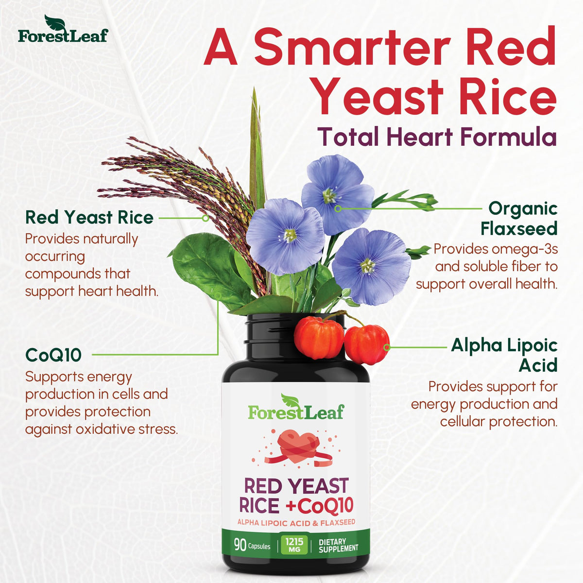 Red Yeast Rice 1215 mg CoQ10 Alpha Lipoic Acid Flaxseed 90 Capsules R942220
