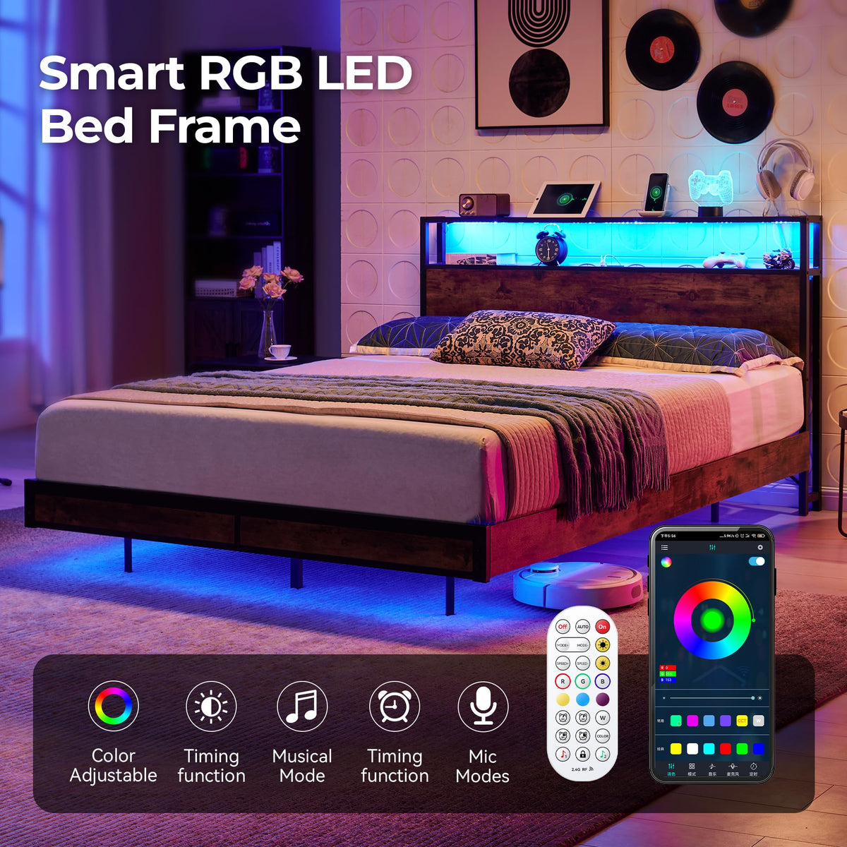 Queen Size Metal Platform Bed Frame with Storage Headboard and LED Lights W28145