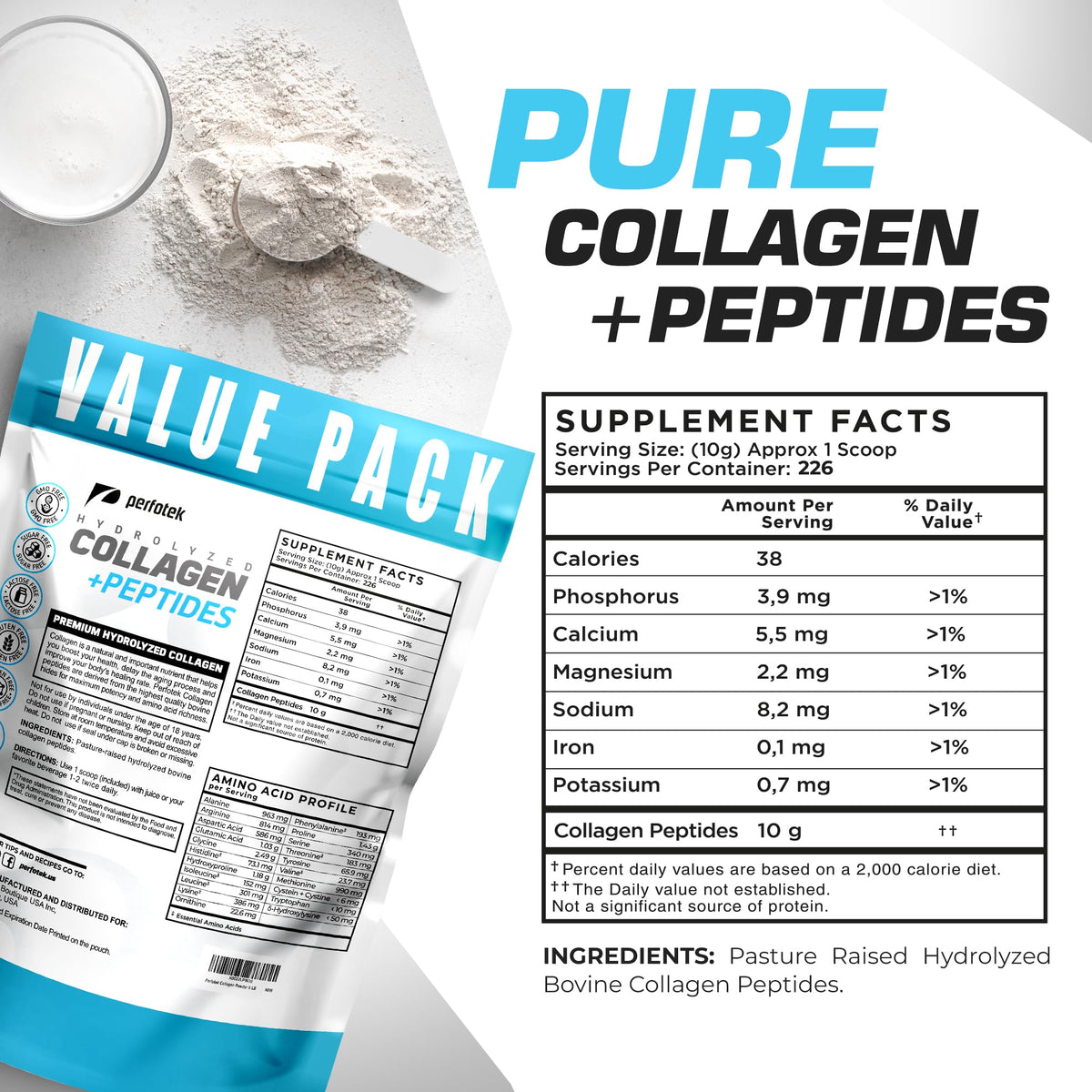 Collagen Powder 5Lb Types I & III Unflavored Hydrolyzed Protein Peptides A408345
