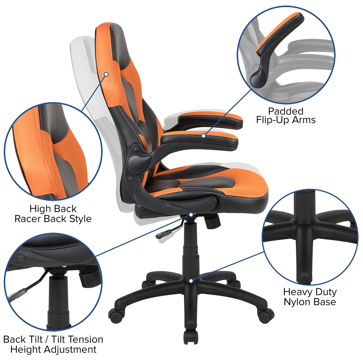 Orange Black Ergonomic Gaming Chair with Flip-Up Arms C23725
