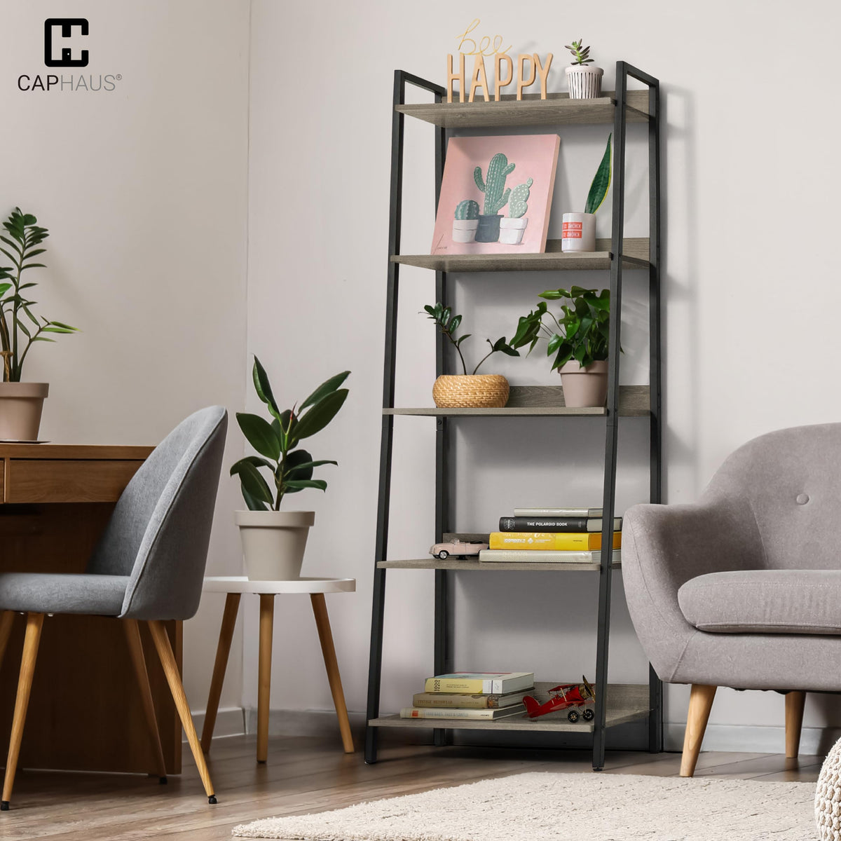 5 Tier Ladder Bookshelf, 24 Inch Free Standing Storage Rack, Dark Grey X3204