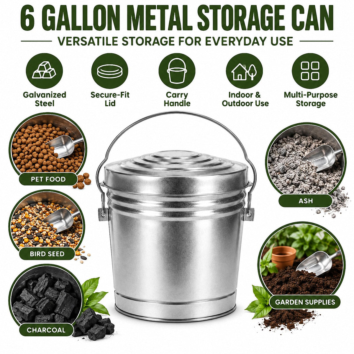 6 Gallon Silver Galvanized Steel Storage Can with Locking Lid L144937