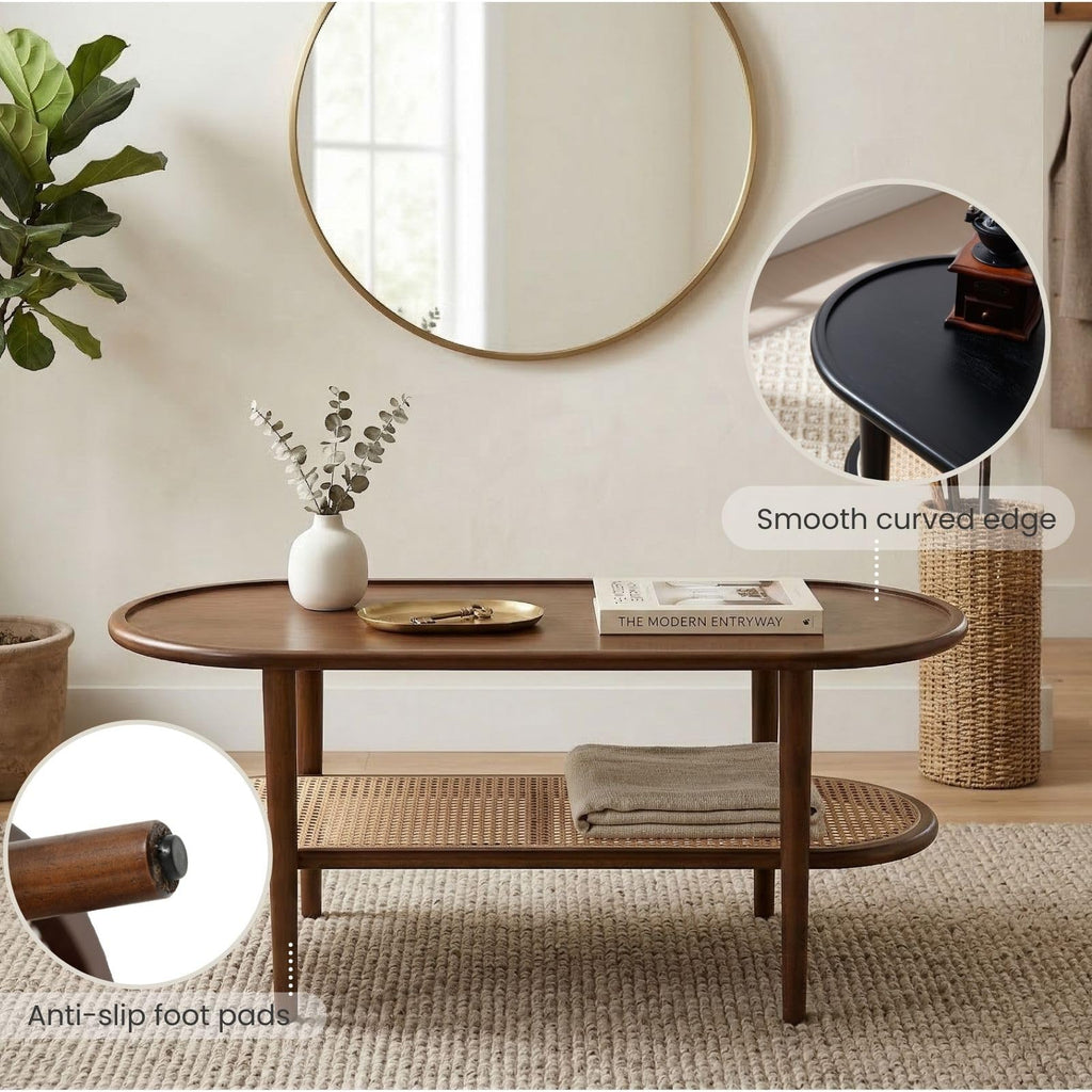 Oval 2-Tier Coffee Table with Rattan Storage Shelf V164150