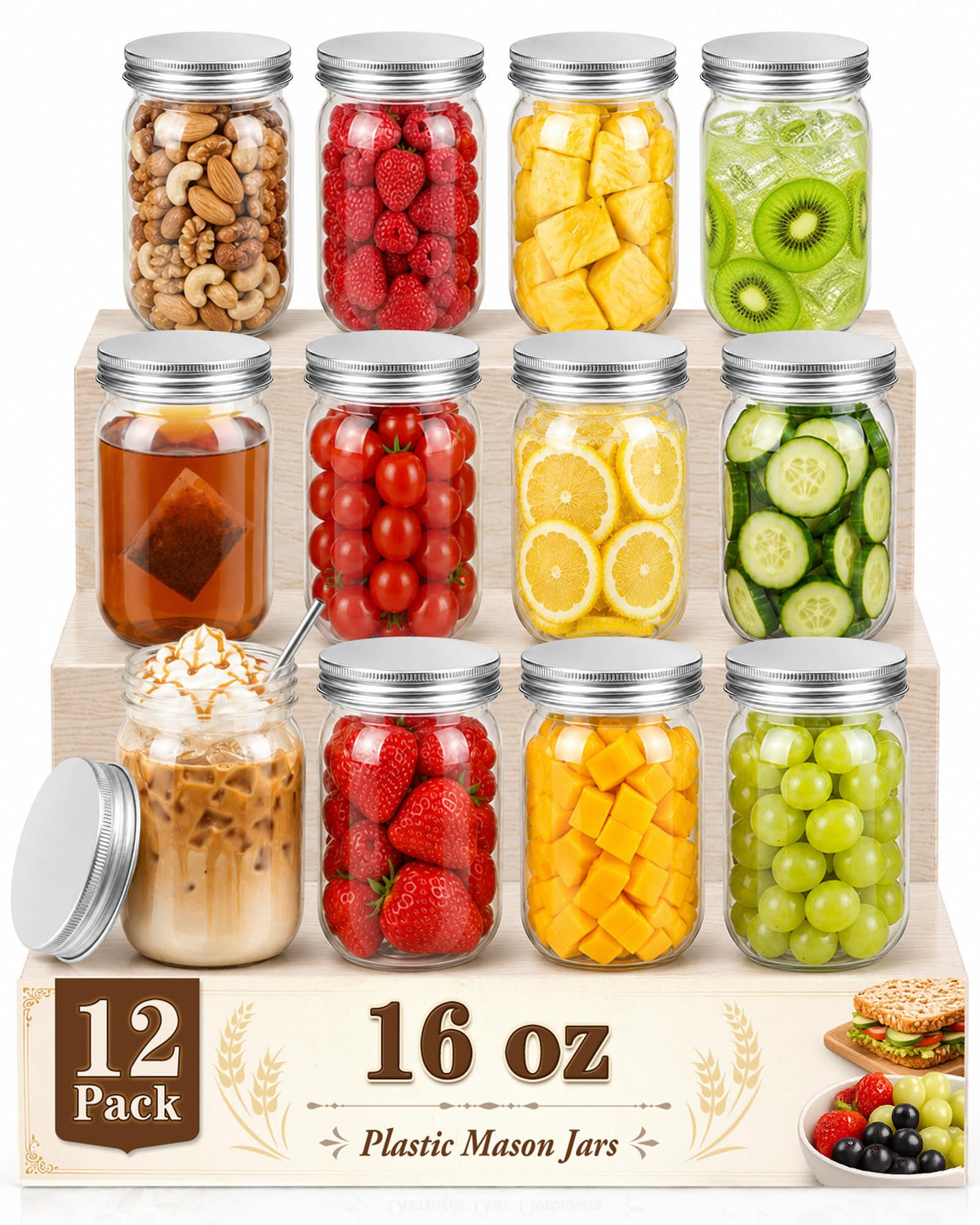12 Pack 16 oz Clear Plastic Mason Jars with Lids Q211433