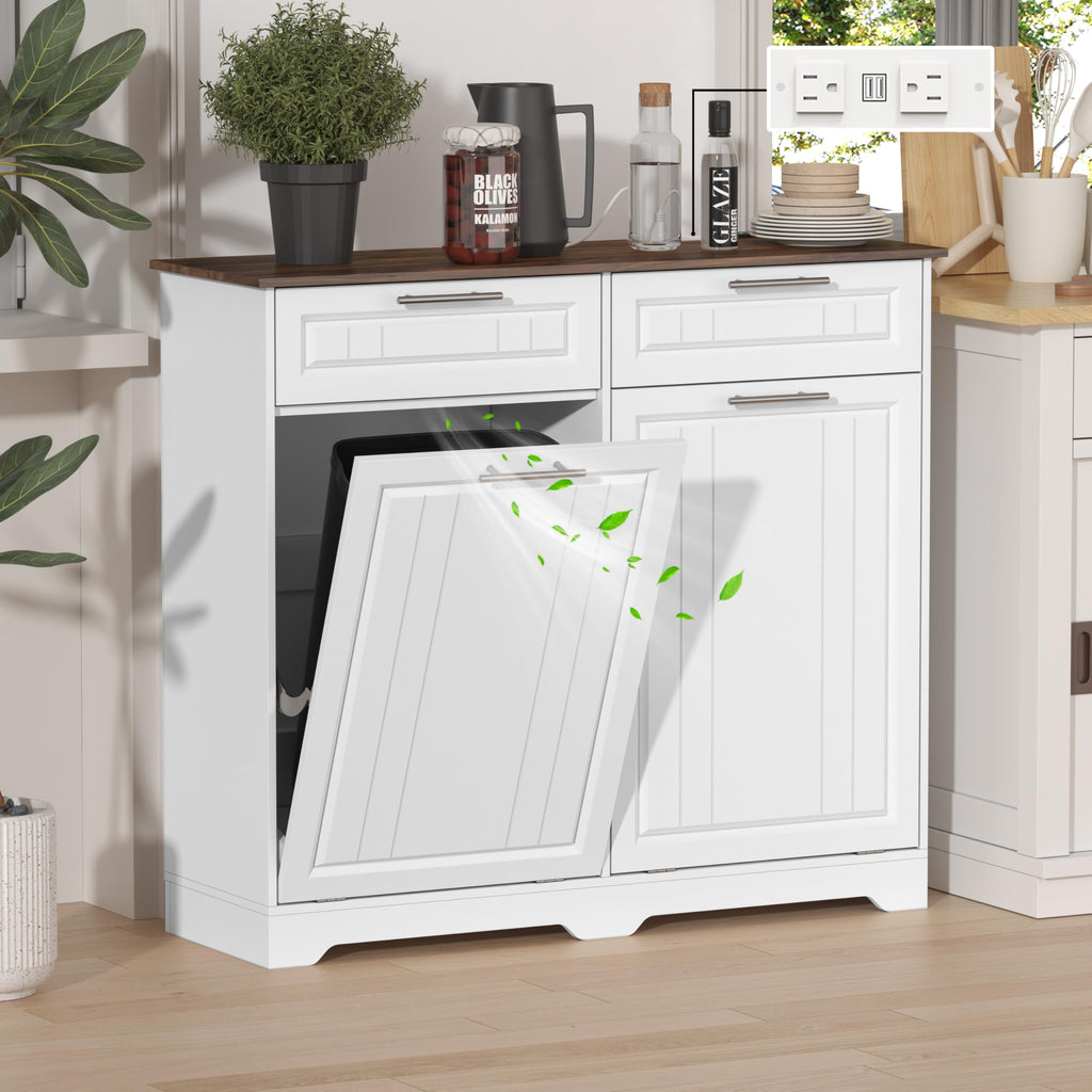 Double 10 Gallon Tilt Out Trash Can Cabinet with Power Outlet, White S742374
