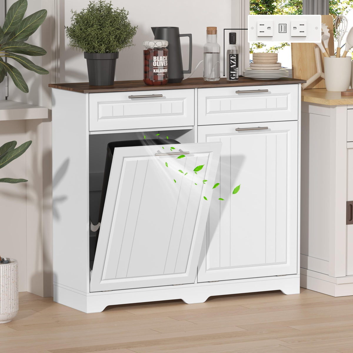 Double 10 Gallon Tilt Out Trash Can Cabinet with Power Outlet, White S742374