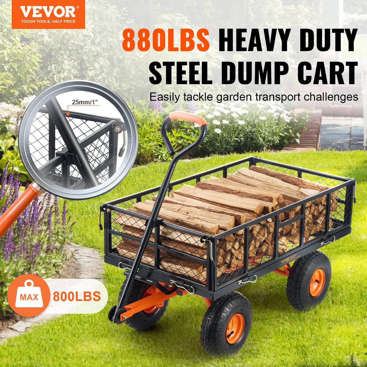 880lbs Steel Garden Dump Cart Utility Wagon with Removable Sides C225807