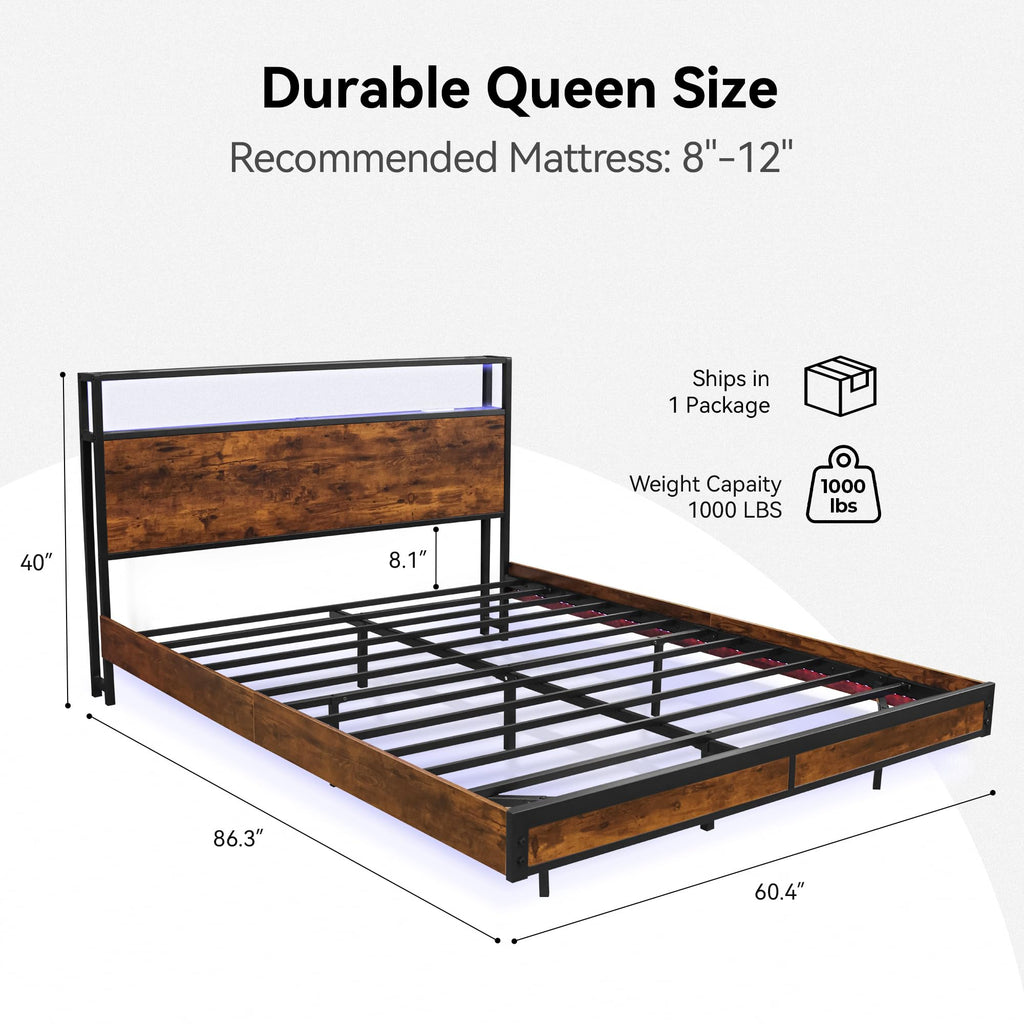 Queen Size Metal Platform Bed Frame with Storage Headboard and LED Lights W28145