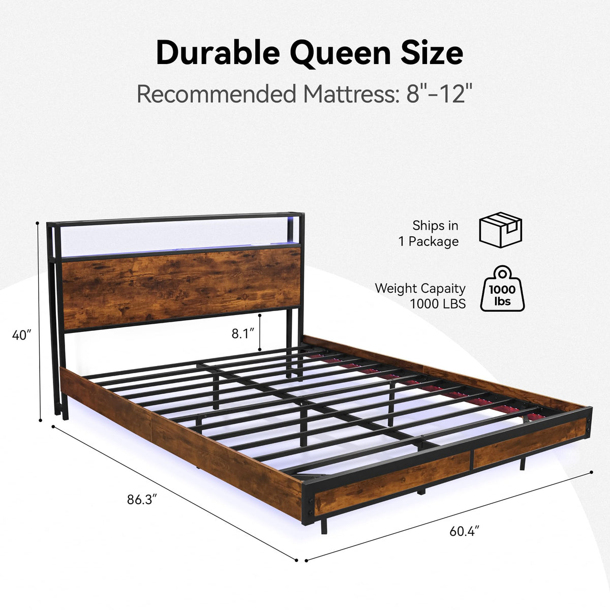 Queen Size Metal Platform Bed Frame with Storage Headboard and LED Lights W28145