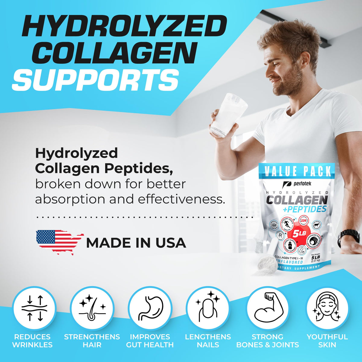 Collagen Powder 5Lb Types I & III Unflavored Hydrolyzed Protein Peptides A408345