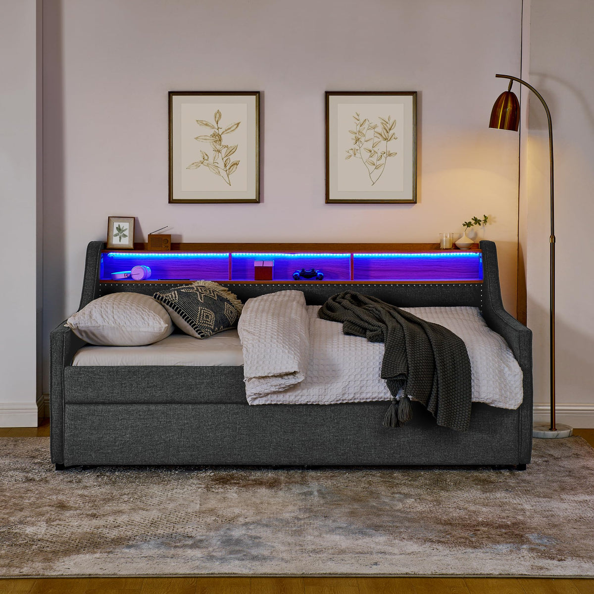 Twin Linen Upholstered Daybed with Pop Up Trundle B45966