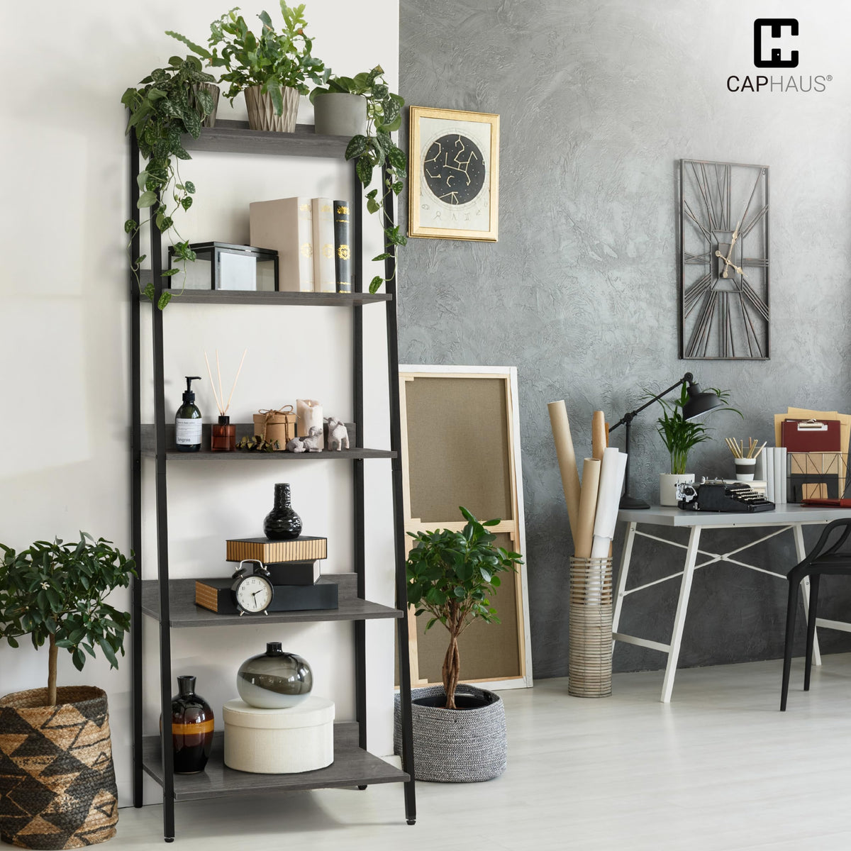 5 Tier Ladder Bookshelf, 24 Inch Free Standing Storage Rack, Dark Grey X3204