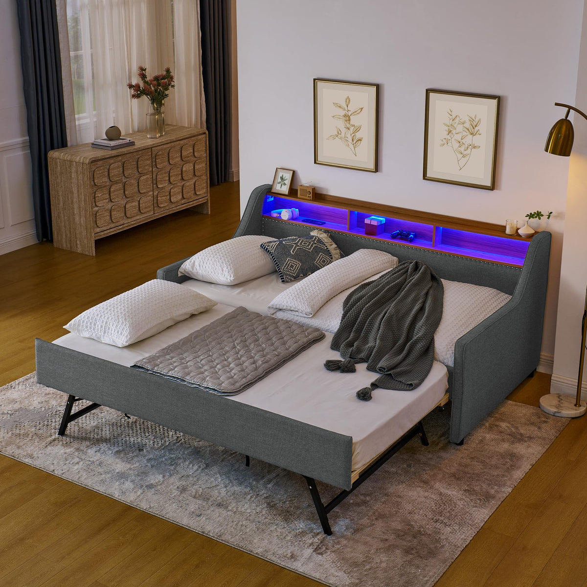 Twin Linen Upholstered Daybed with Pop Up Trundle B45966