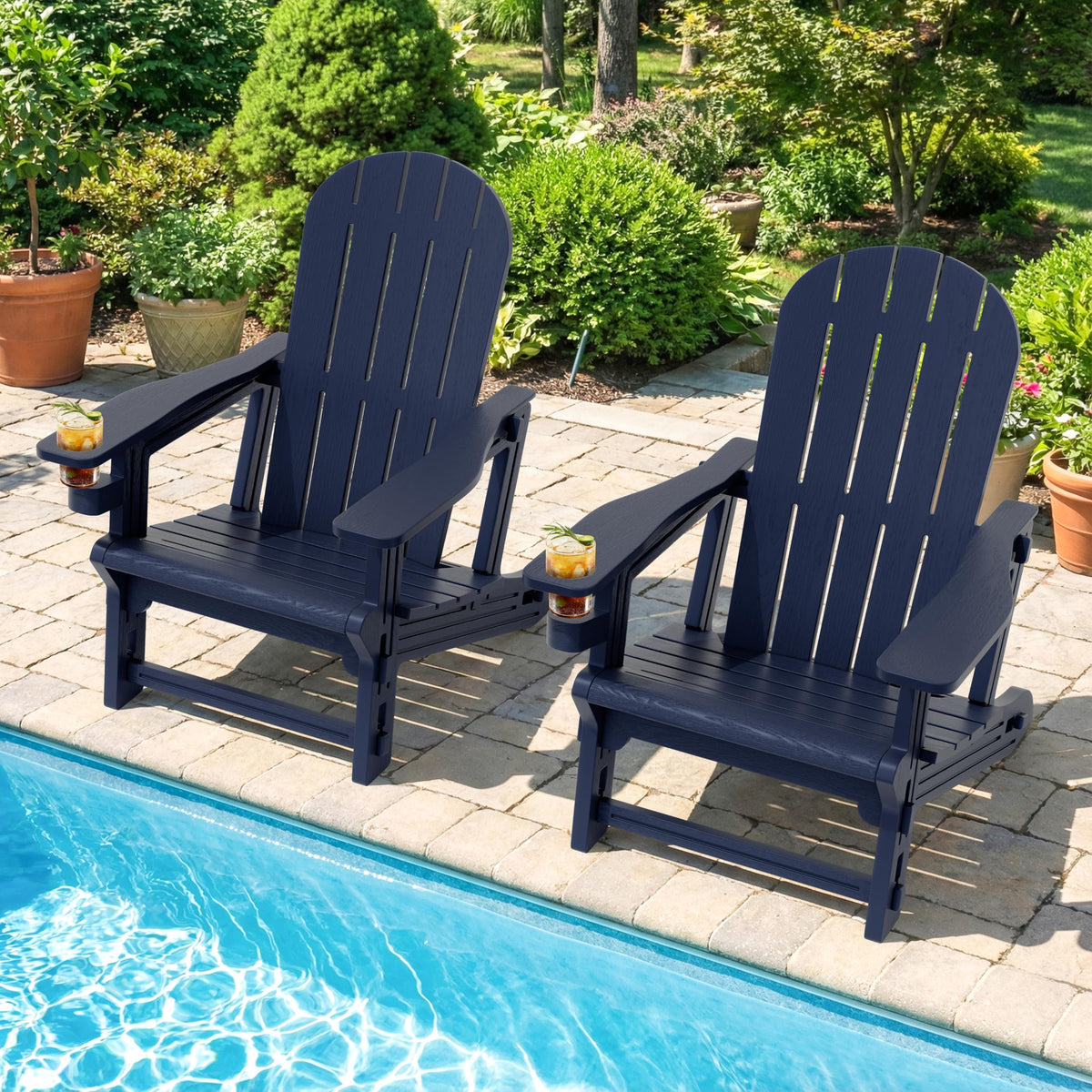 Dark Blue HDPE Adirondack Chairs Set of 2 with Cup Holder K662
