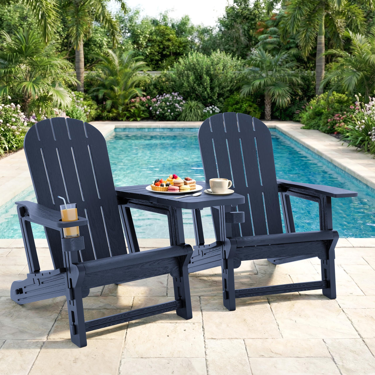 Dark Blue HDPE Adirondack Chairs Set of 2 with Cup Holder K662